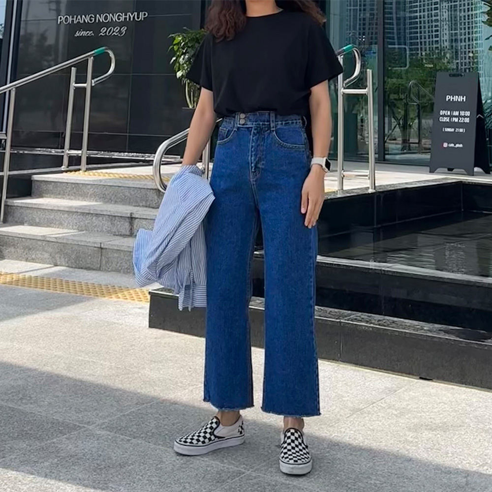 가을 일자핏청바지 키작녀청바지 컷팅 투버튼 데님 여성 크롭진 이미지 7