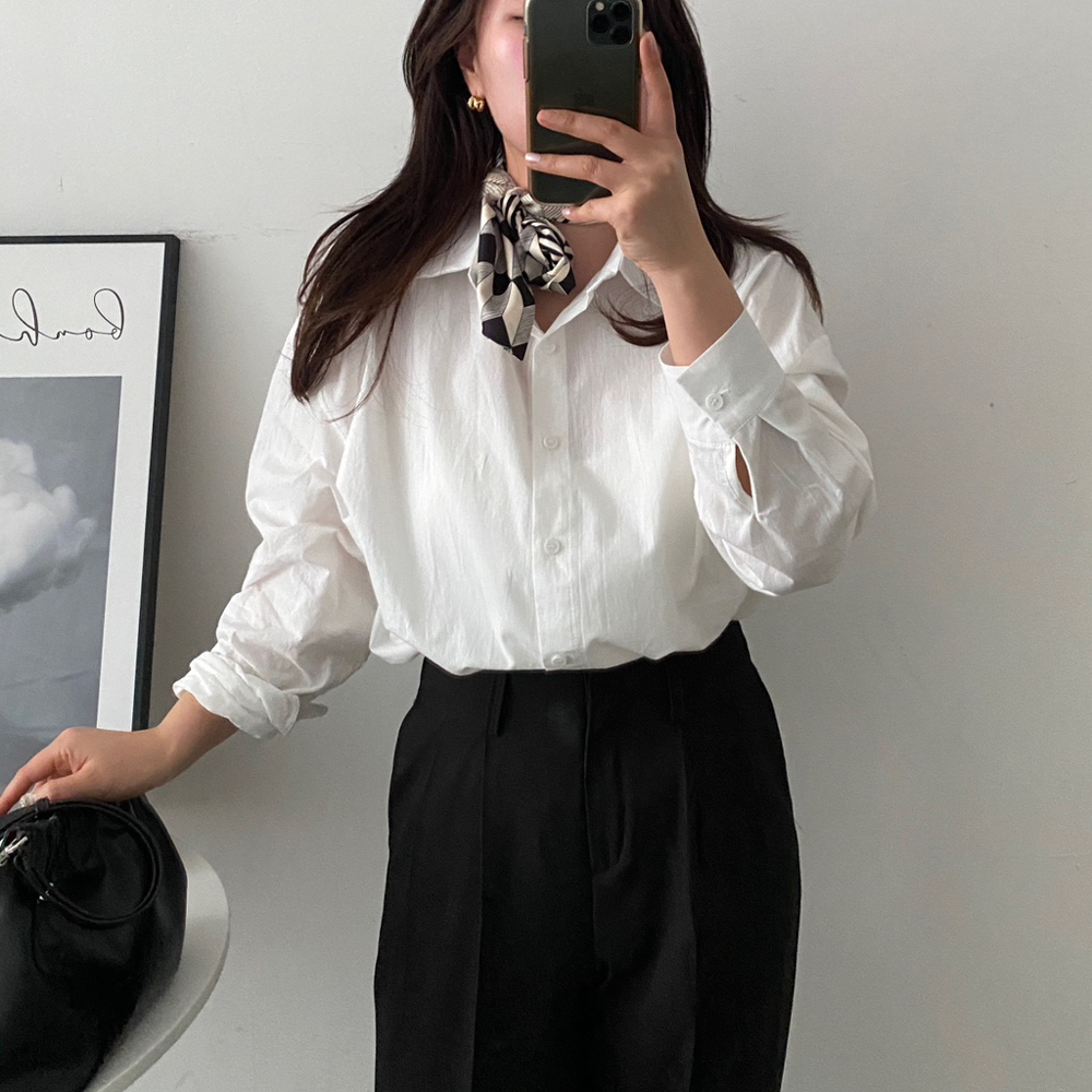 오픈카라 흰색블라우스 바스락셔츠 레이어드 핑크 소라색 셔츠 - 상세 이미지 3