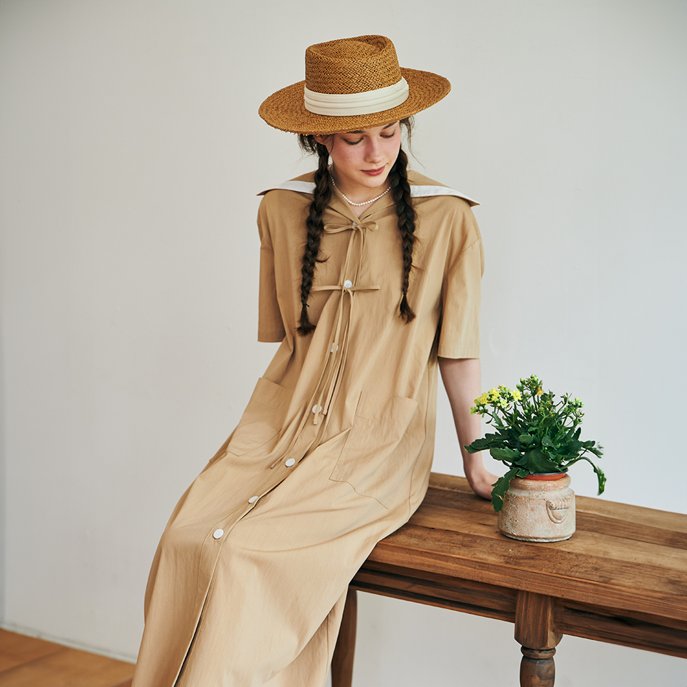 [메타퍼] 여성 여름 세일러 셔츠 원피스 반팔 휴양지 바캉스 롱 원피스 데일리 룩 베이지