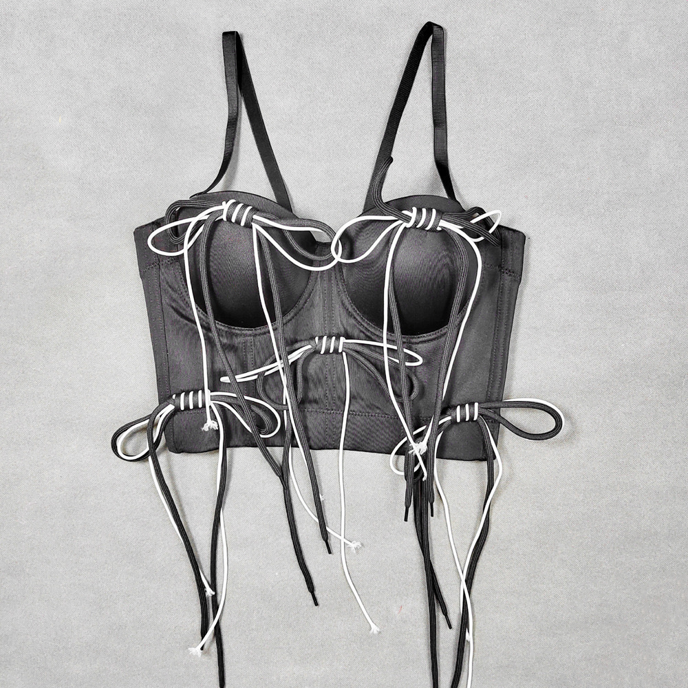 걸코어 리본 로프 섹시 무대의상 방송댄스복 뷔스티에 나시 크롭탑 (화이트/블랙) - 상세 이미지 2