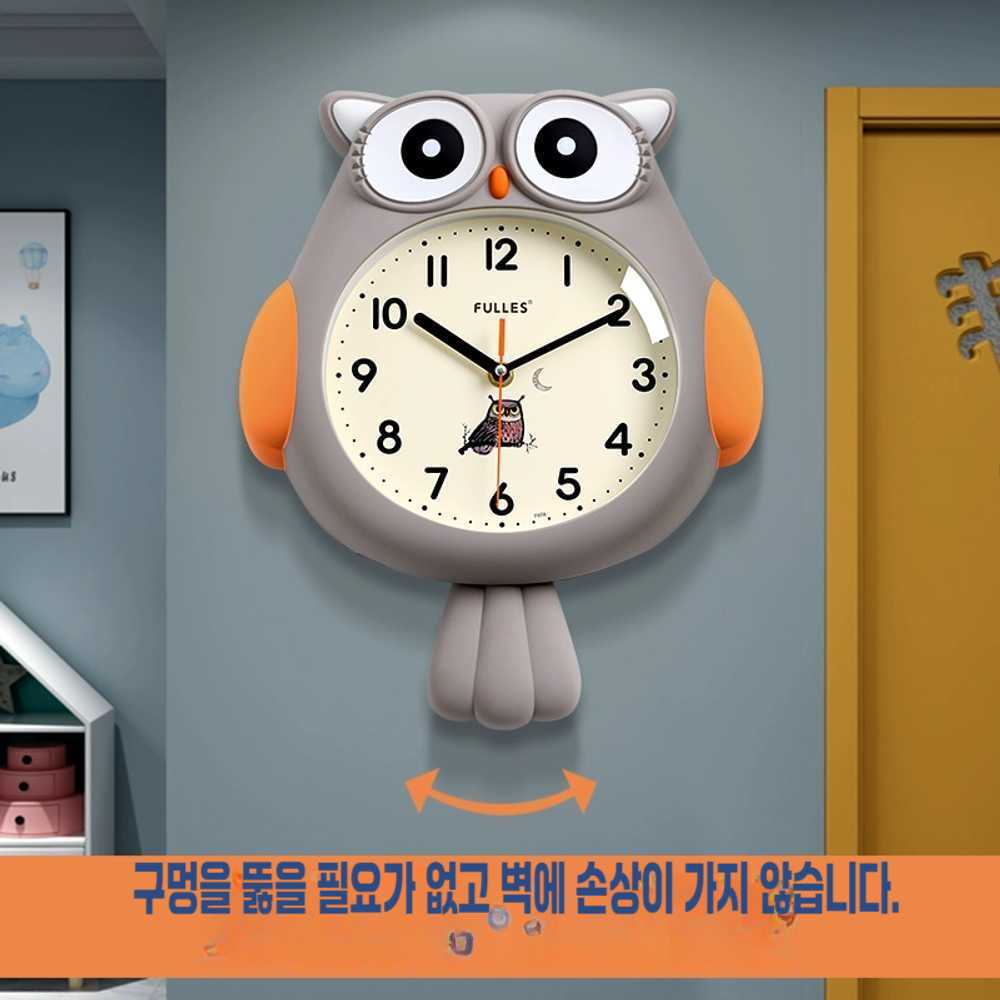 귀여운 벽시계 특이한 시계 거실 집들이 선물 11인치(직경 28cm) 회색 주황색 올빼미 - 상세 이미지 2
