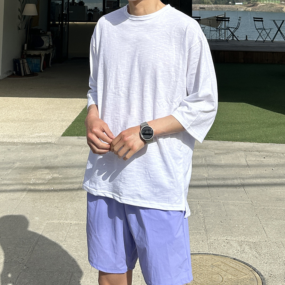 남자7부티 남자 오버핏 커플 슬라브 무지 반팔 티셔츠 - 상세 이미지 3