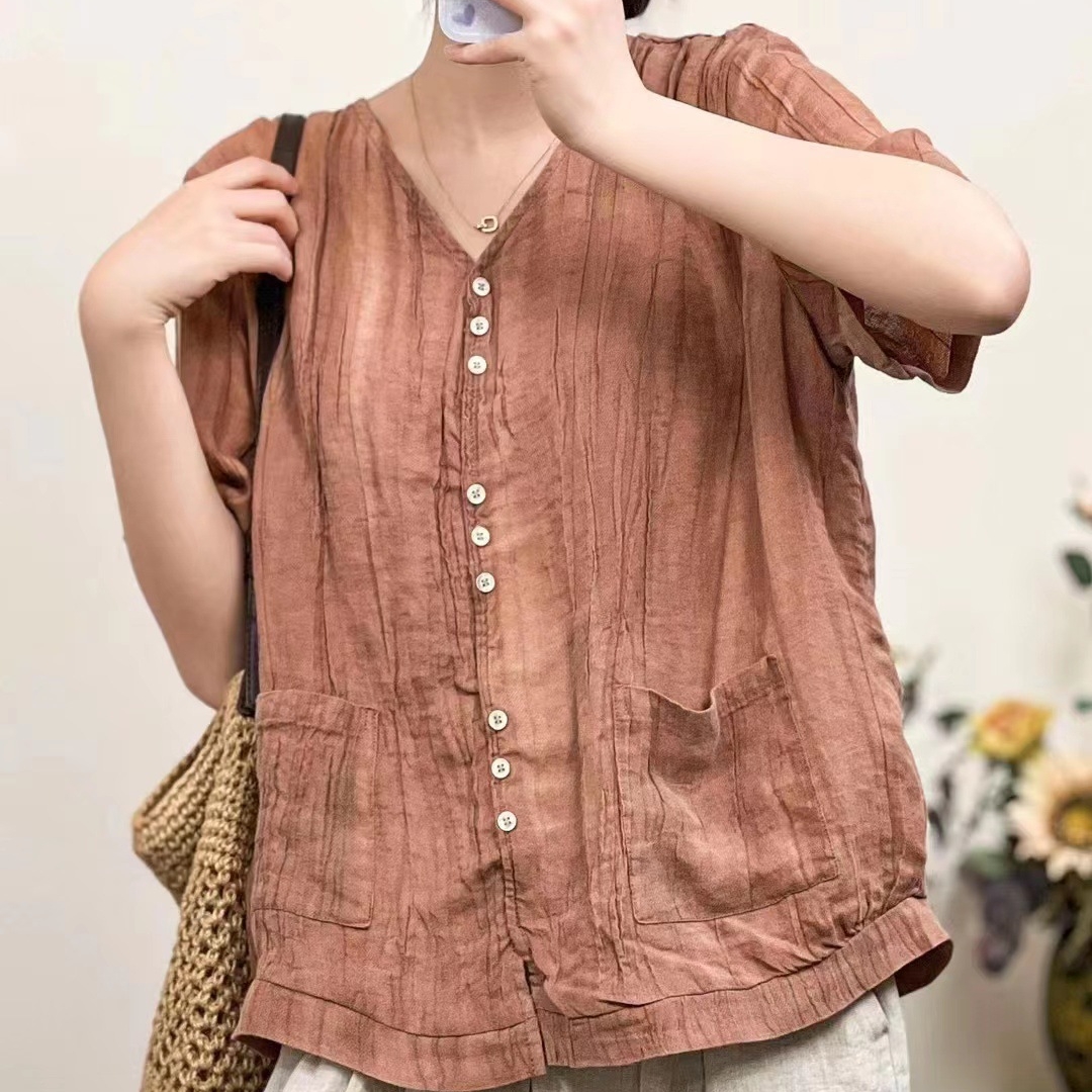 린넨블라우스 브이넥 반팔 천연염색 미시옷 - 상세 이미지 5