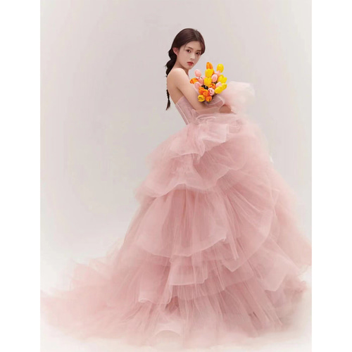 임뷰 풍성한 A라인 핑크 유색드레스 커플스냅 피로연 파티 스튜디오 웨딩촬영드레스 대여