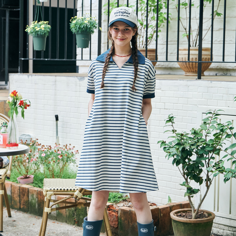 [메타퍼] 여성 여름 스트라이프 원피스 휴양지 바캉스 룩 반팔 원피스 네이비