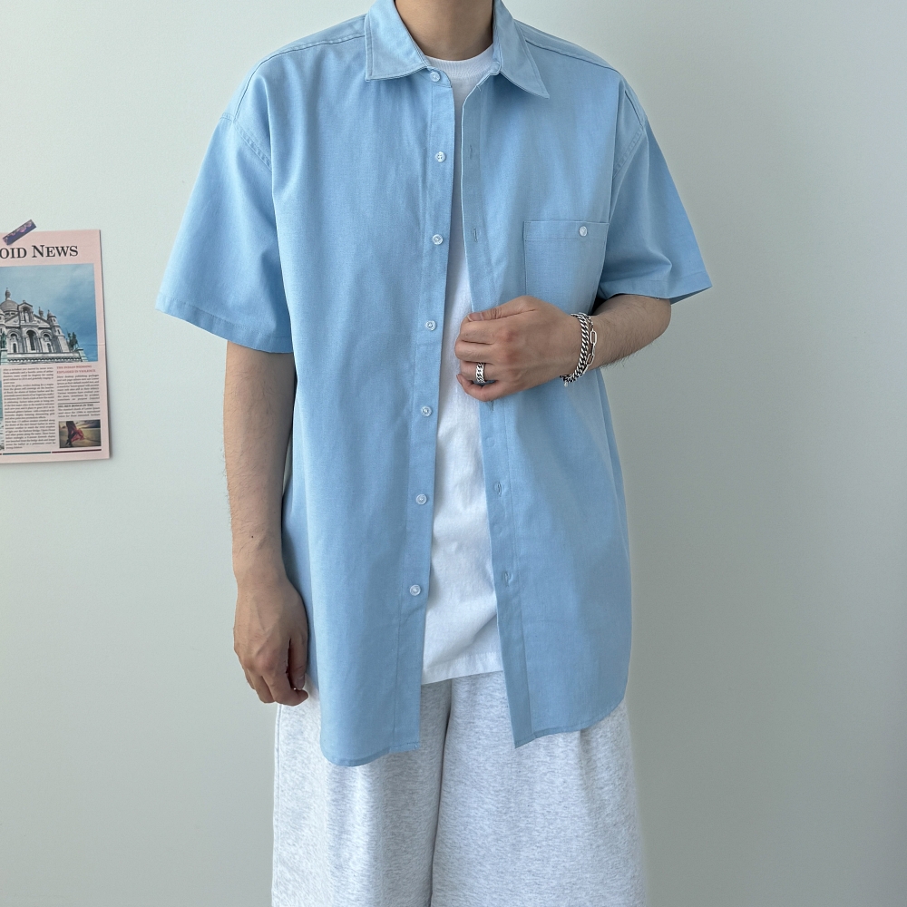 남자마남방 오버핏린넨셔츠 남자하늘색셔츠 - 메인 이미지
