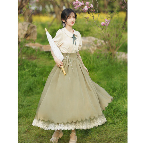 경성의복대여 그린반팔 원피스 개화기의상 시밀러 개화기 졸업사진컨셉 모자포함