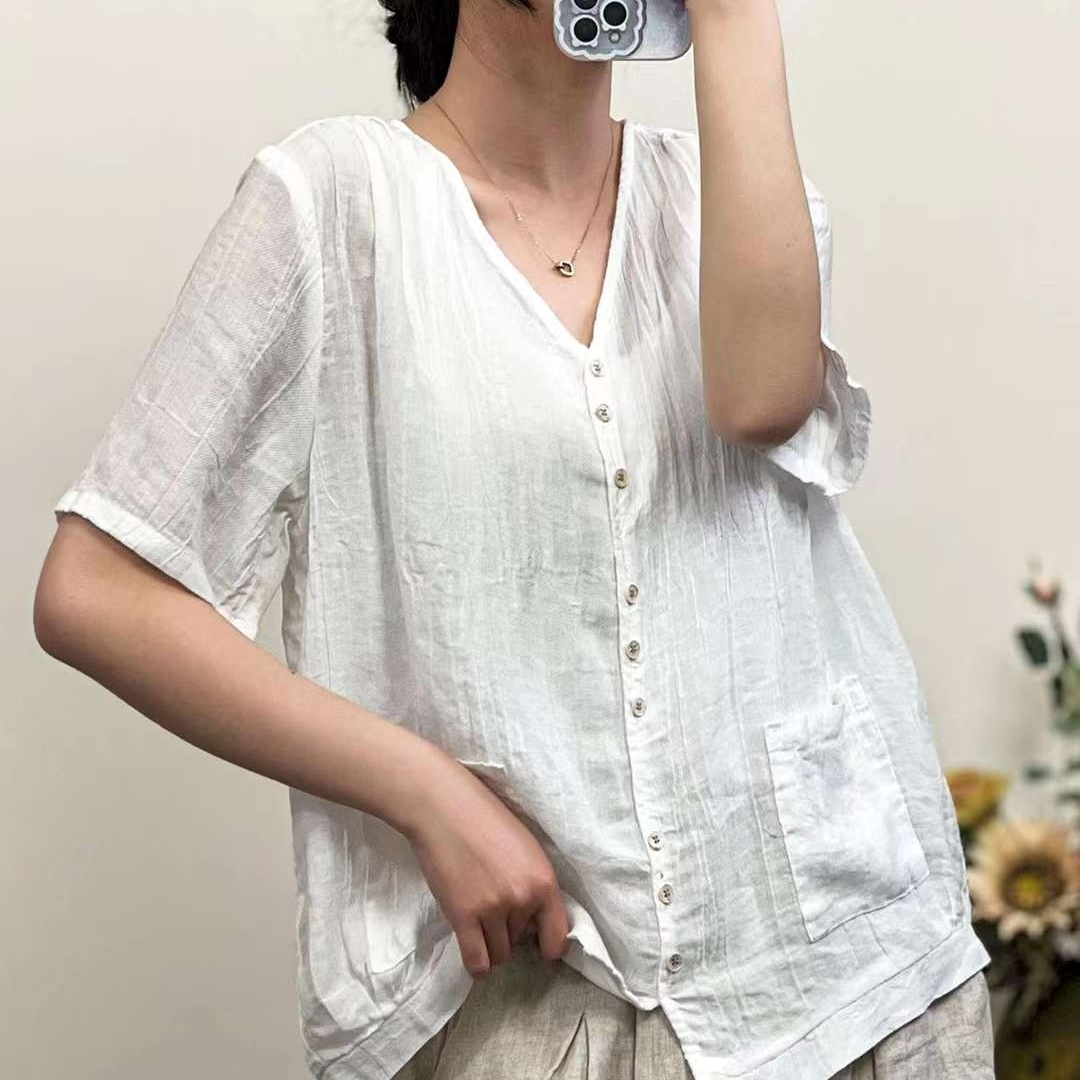 린넨블라우스 브이넥 반팔 천연염색 미시옷 - 상세 이미지 2