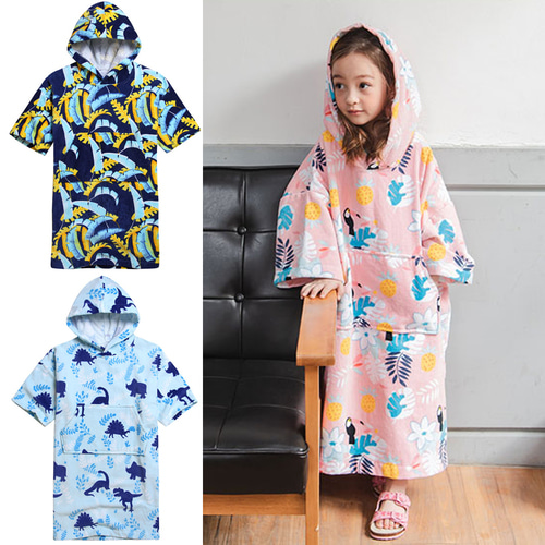 어린이 주니어 초등 목욕 후드 비치 타올 샤워 가운 판초 물놀이 후드가운 트로피컬핑크