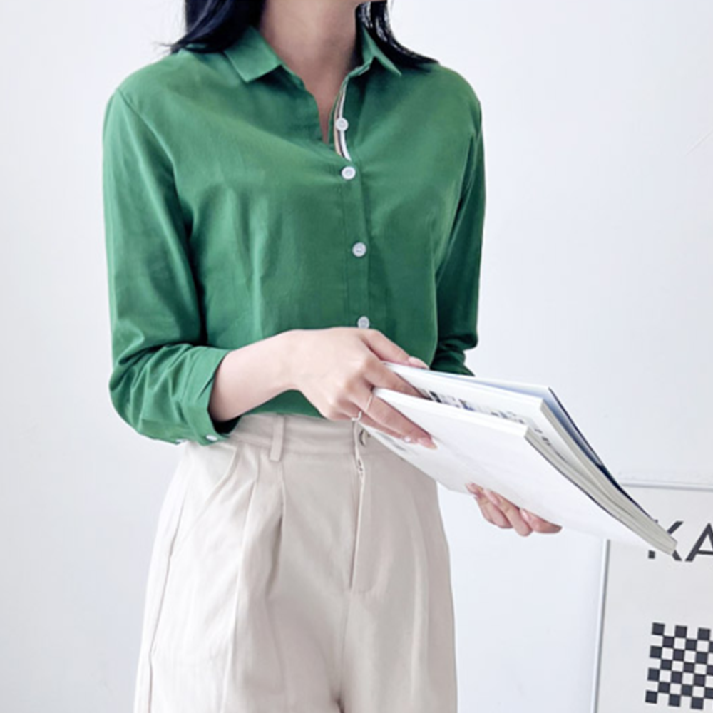 흰색린넨셔츠 출근오피스룩 여성 여름 8부 카라셔츠형블라우스 - 상세 이미지 3