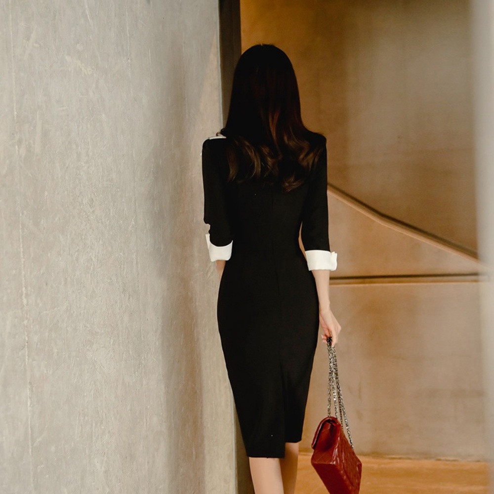 브이넥 빅카라 원피스 7부소매 화이트 블랙 배색 미디 슬림핏 오피스룩 홀복 - 상세 이미지 4