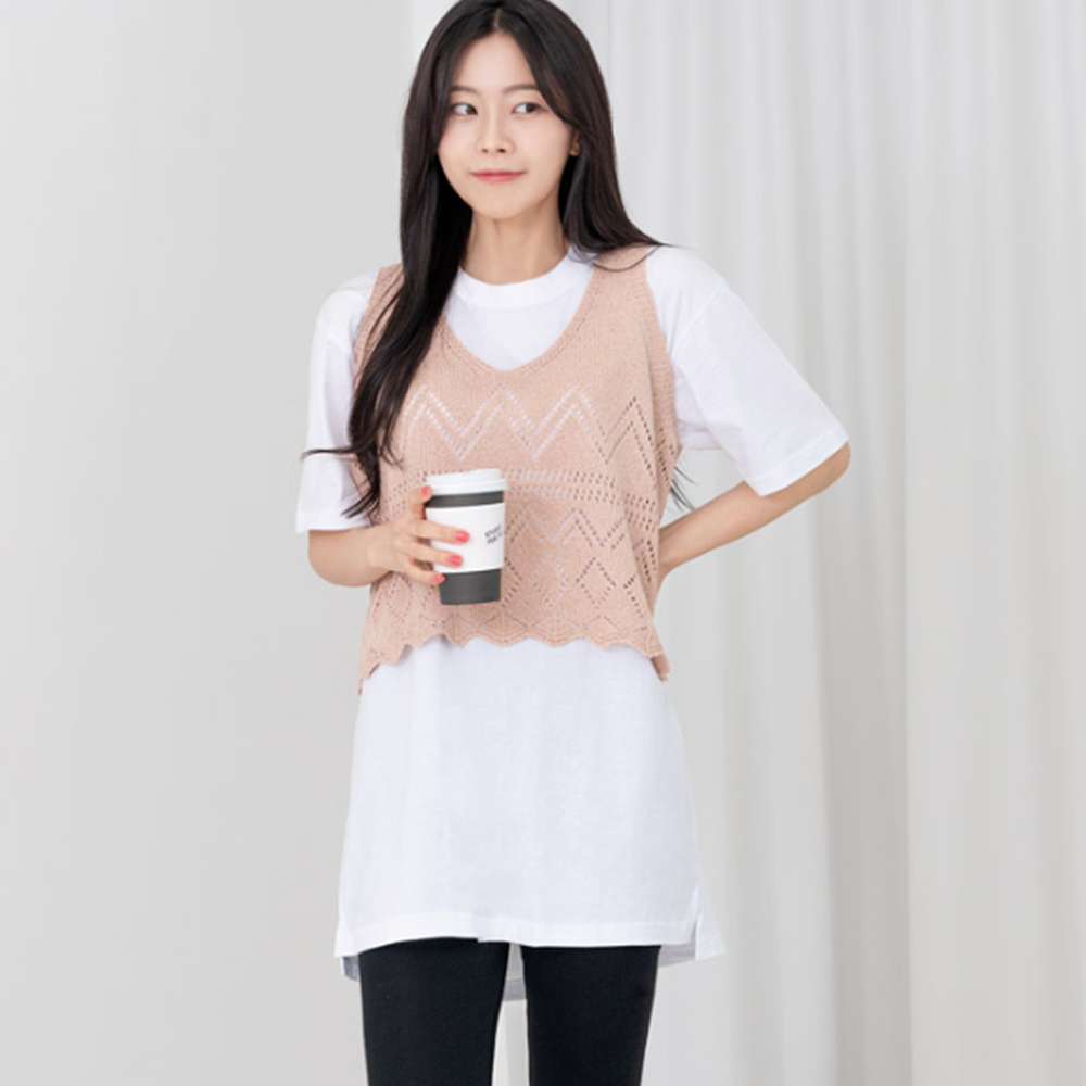 흰색무지티 레깅스레이어드 여름 반팔면티 라운드넥 여성롱티 - 상세 이미지 4