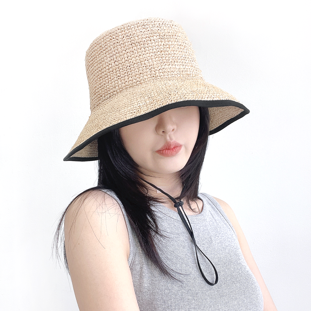 멜리 천연소재 라피아 챙넓은 턱끈 스트랩 휴양지 여성 여름 밀짚 버킷햇