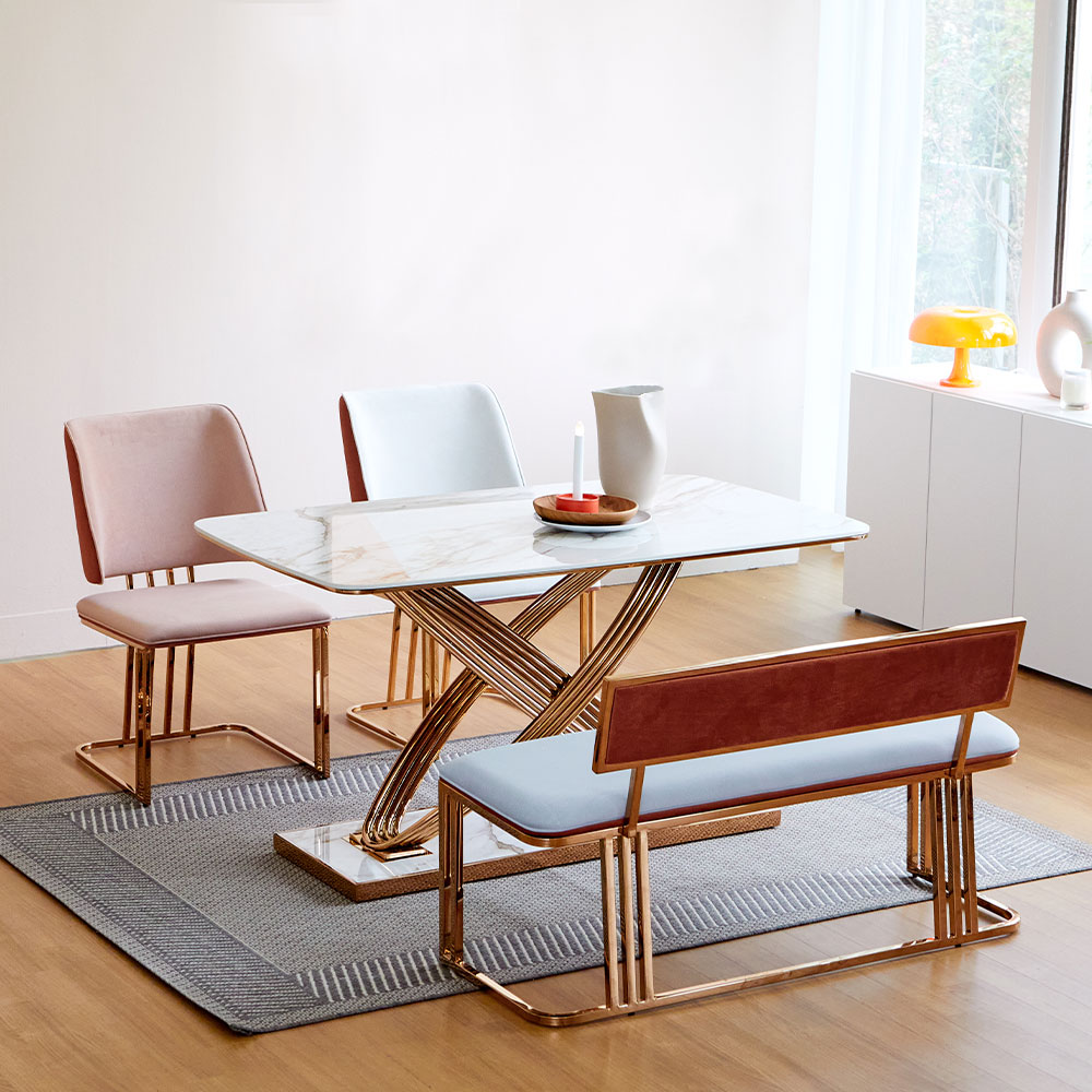 스코나 드하벤 아쿠아텍스 패브릭 골드 스텐 2인 등받이 벤치 의자