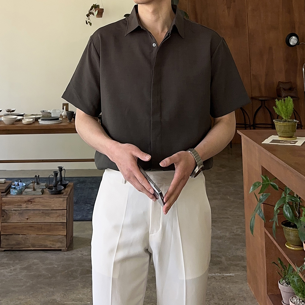 남자 반팔 셔츠 오버핏 구김없는 린넨 셔츠 - 상품 이미지