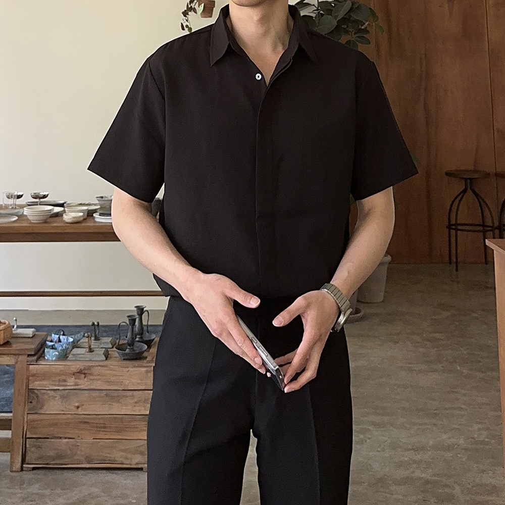 남자 반팔 셔츠 오버핏 구김없는 린넨 셔츠 - 상세 이미지 3