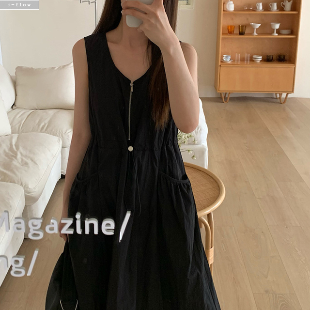 웨지 지퍼 U넥 스트링 바스락 민소매 롱 원피스 3col 여름 맥시 포켓 나시 제이플로우 - 상세 이미지 2