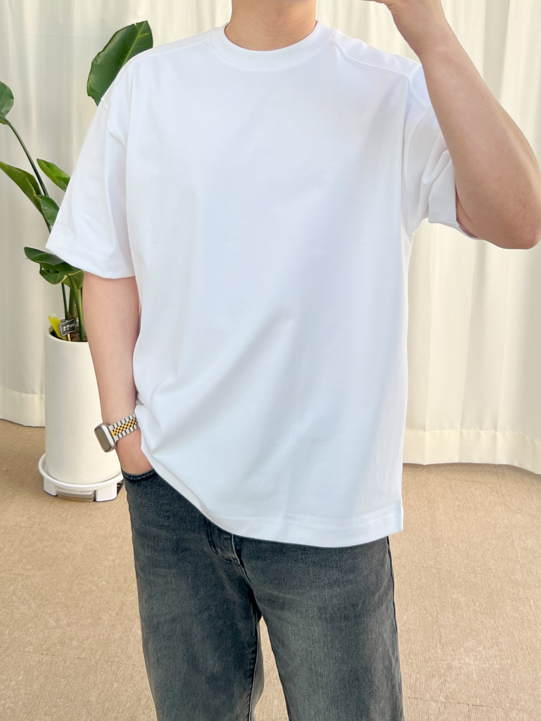 남자 수피마코튼 여름 오버핏 박스 라운드 면 반팔티셔츠 - 상품 이미지