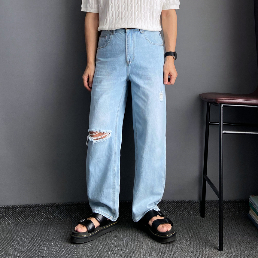 남자연청바지 흑청바지 남자찢청 남성와이드청바지 - 상세 이미지 2