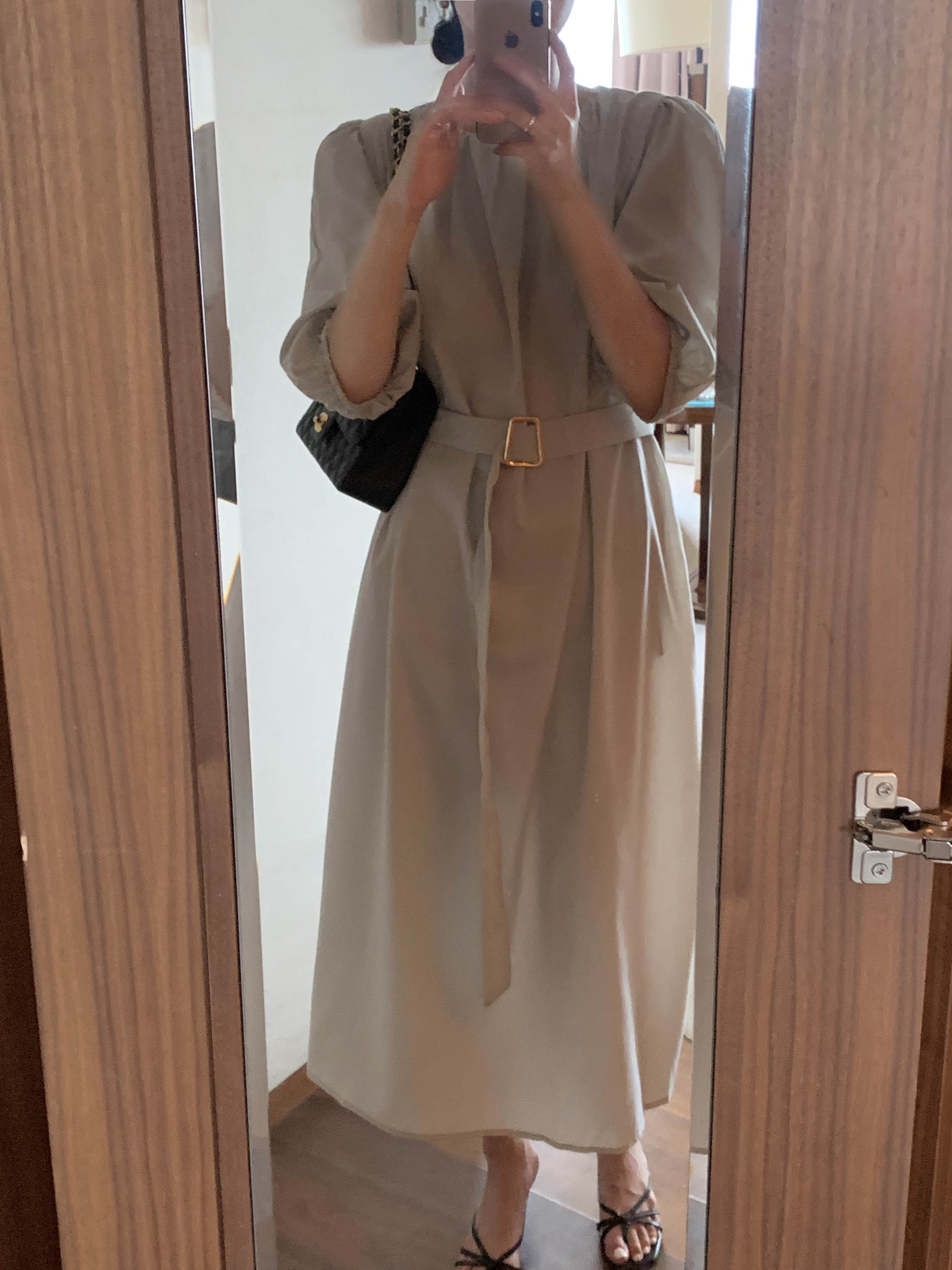 포시즌 셔링 라운드넥 반팔 벨트set 하객룩 여름 루즈핏 맥시 롱 원피스 - 상세 이미지 2
