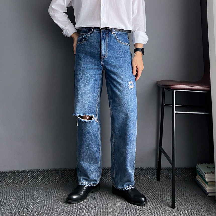남자연청바지 흑청바지 남자찢청 남성와이드청바지 - 상세 이미지 3
