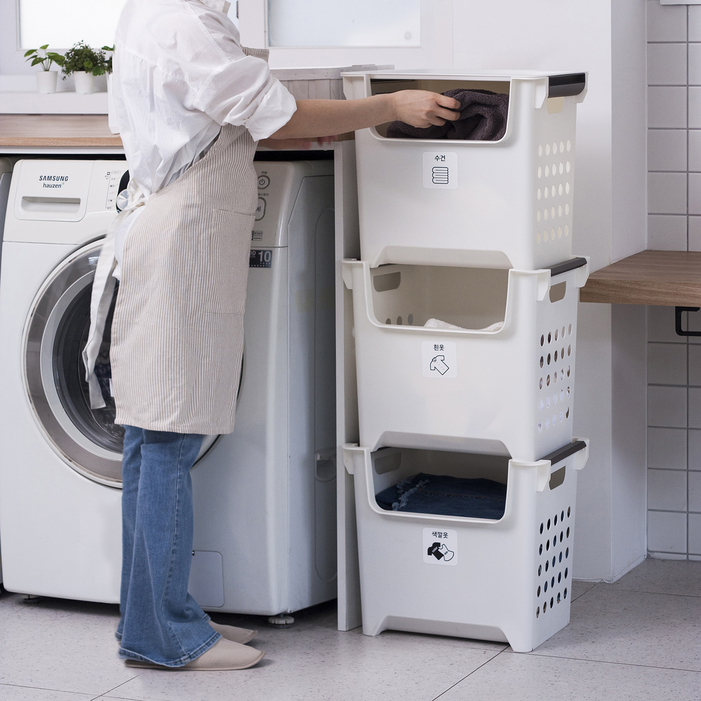 3단 대용량 빨래바구니 세탁물 세탁 바구니 수거함 빨래통 햄퍼 대형 보관함[스티커2종]