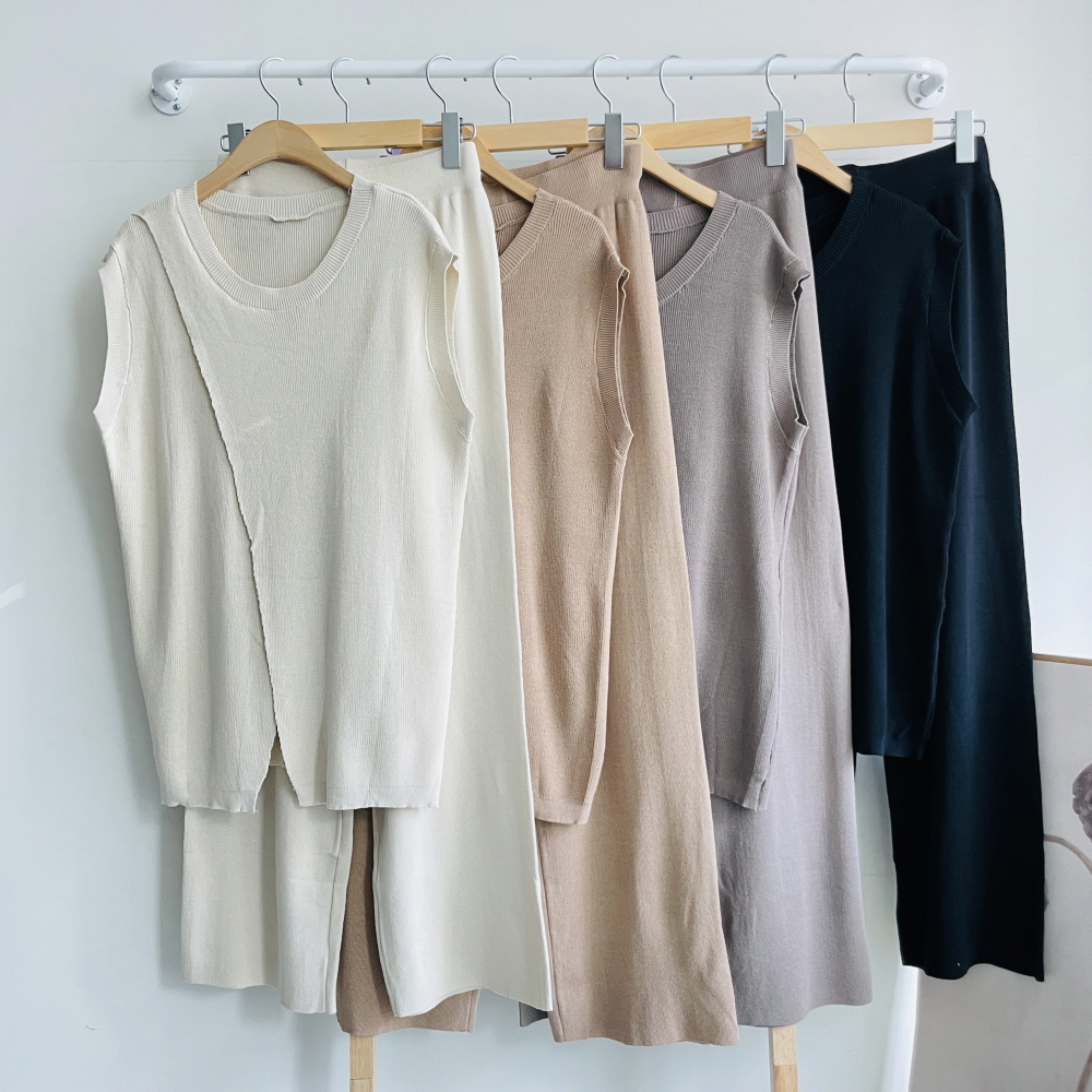 여름 여성 나시 니트 투피스셋업 사선트임 와이드 바지 상하 세트