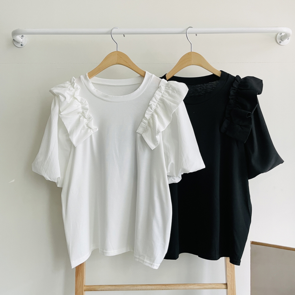 여름 여성 반팔티 프릴 벌룬 퍼프소매 무지 반팔 티셔츠