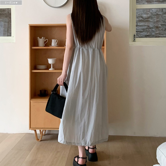 웨지 지퍼 U넥 스트링 바스락 민소매 롱 원피스 3col 여름 맥시 포켓 나시 제이플로우 - 상세 이미지 3