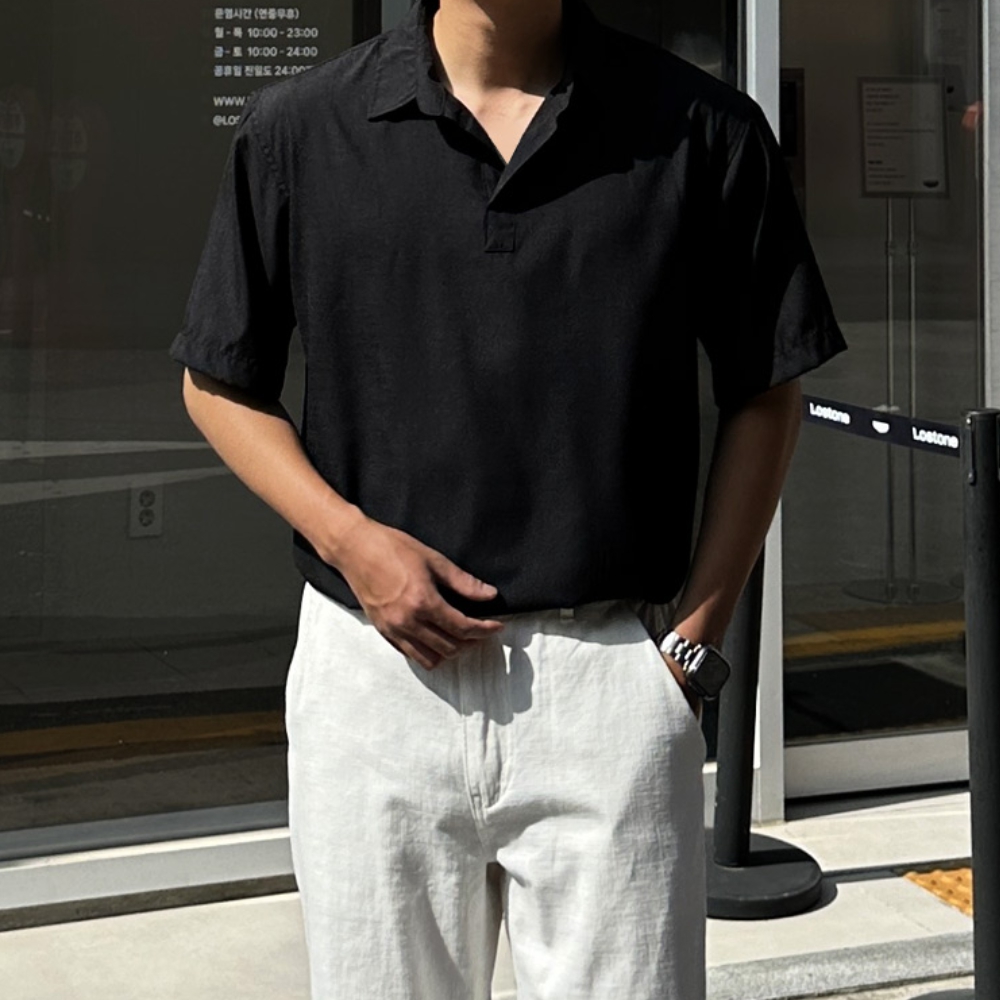남자 르질 여름 링클프리 아이스 쿨 린넨 반오픈 반팔셔츠