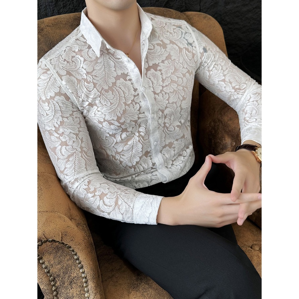 남자 시스루 자수 카라 셔츠 댄스복 상의 라틴 살사 탱고 라틴 쌈바 슬림핏 블랙 4컬러 - 상세 이미지 4