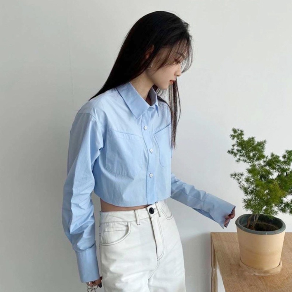 아이유 공항패션 블루 크롭 셔츠 패셔너블 유니섹스 - 상세 이미지 2
