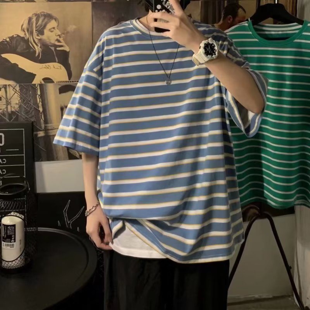 초록색 스트라이프 티셔츠 오버핏 반팔 그린 빅사이즈 8XL까지 심플 기자회견 코디 패션 - 상세 이미지 2