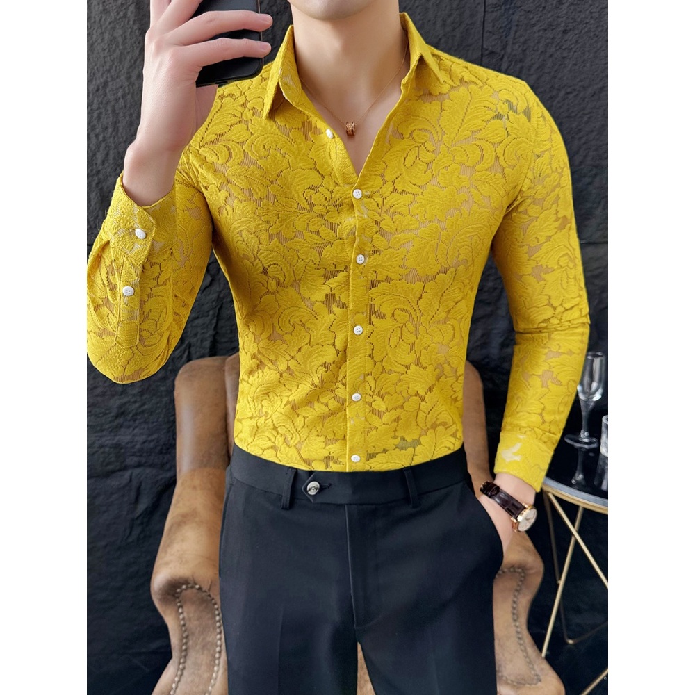 남자 시스루 자수 카라 셔츠 댄스복 상의 라틴 살사 탱고 라틴 쌈바 슬림핏 블랙 4컬러 - 상세 이미지 3