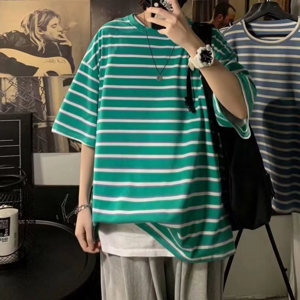 초록색 스트라이프 티셔츠 오버핏 반팔 그린 빅사이즈 8XL까지 심플 기자회견 코디 패션 - 상품 이미지
