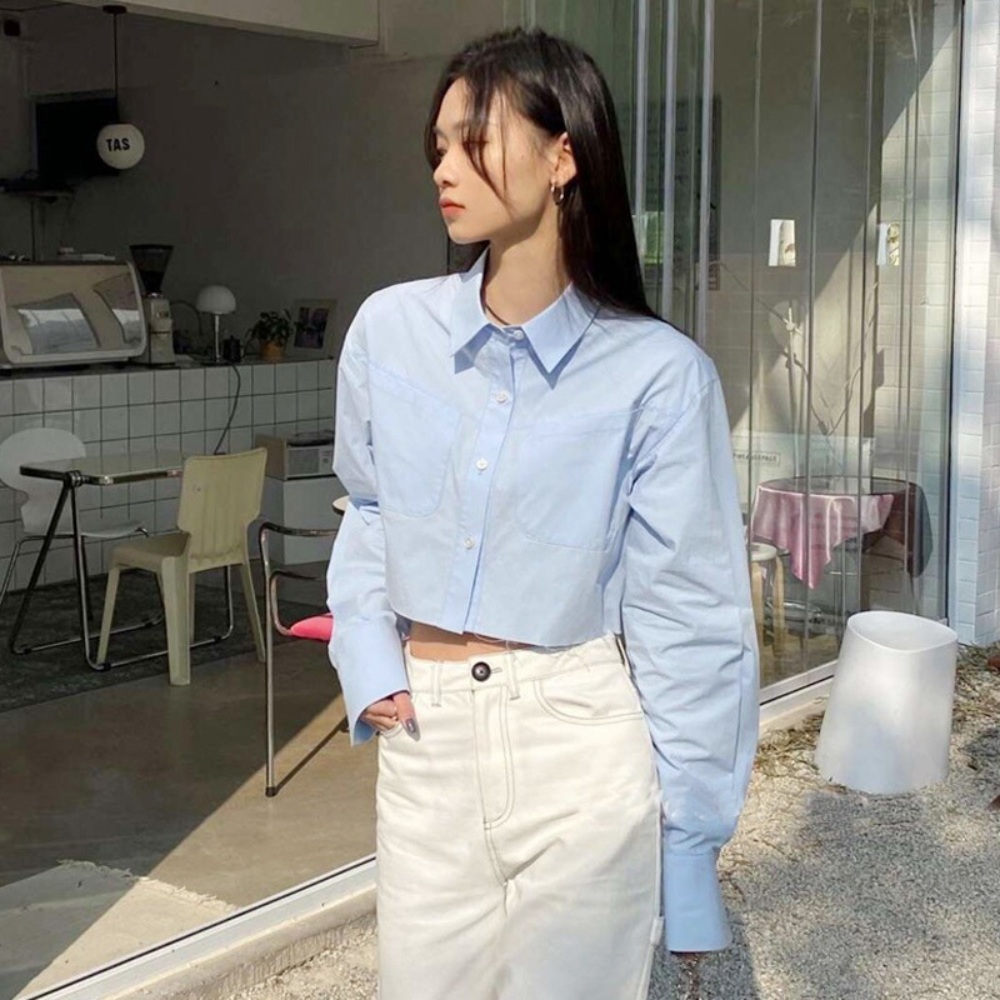 아이유 공항패션 블루 크롭 셔츠 패셔너블 유니섹스 - 상품 이미지