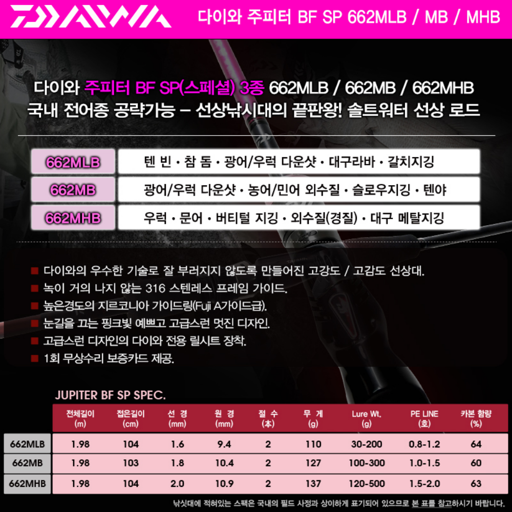 다이와 주피터 BF SP 대구라바 광어 문어 붉바리 갈치 텐빈 662MB 선상 낚시대 - 상세 이미지 5