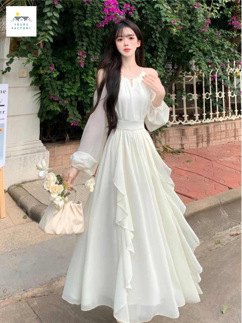 원피스 휴가 봄여름 쉬폰 여성 요정 롱 펄 해변 - 상품 이미지