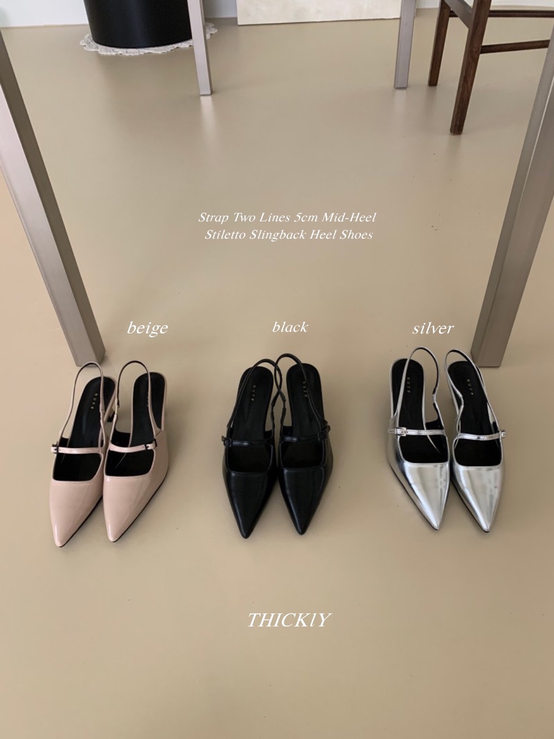 스트랩조절 5cm 🤍👠3col 스틸레토 슬링백 실버 에나멜 유광 블랙  발편한 5cm 베이지 유니크 힙한 뾰족 힐 구두 상세 이미지 2