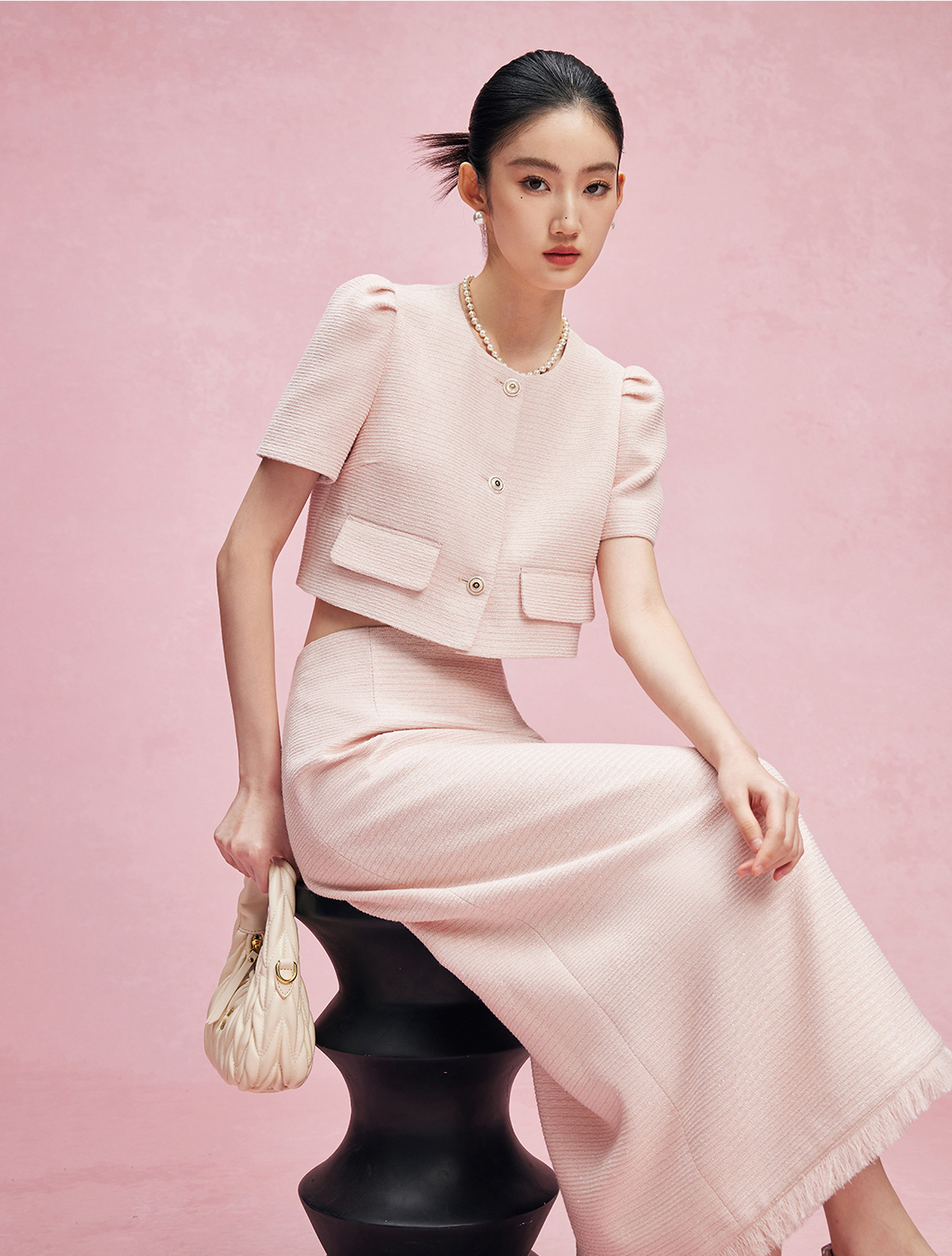 퍼프 슬리브 재킷 미디스커트 수트 여름 트위드셋업