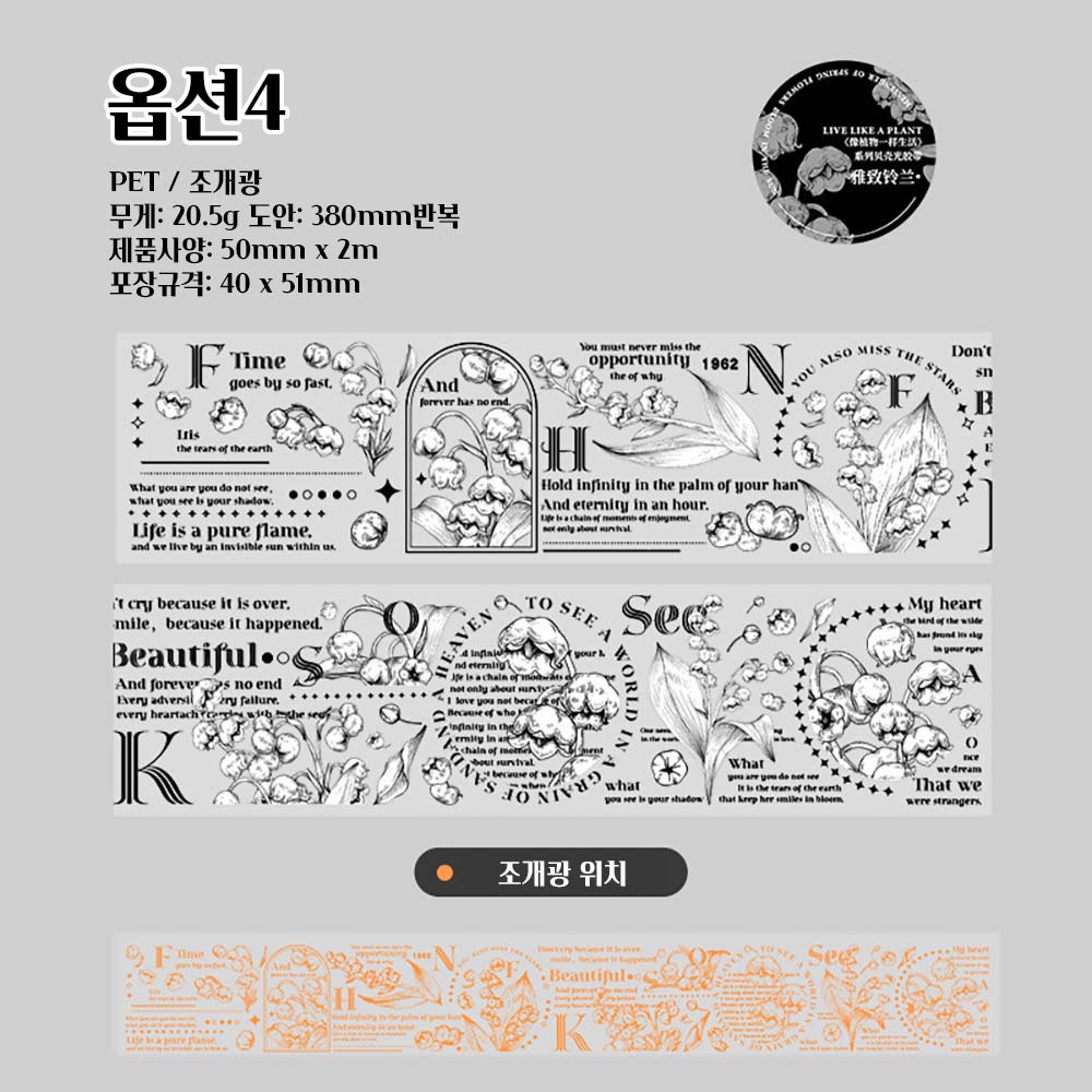 흑백 플라워 레터링 레이어드 꽃과 식물 홀로그램 조개광 빈티지다꾸 PET 투명마스킹테이프 이미지 8