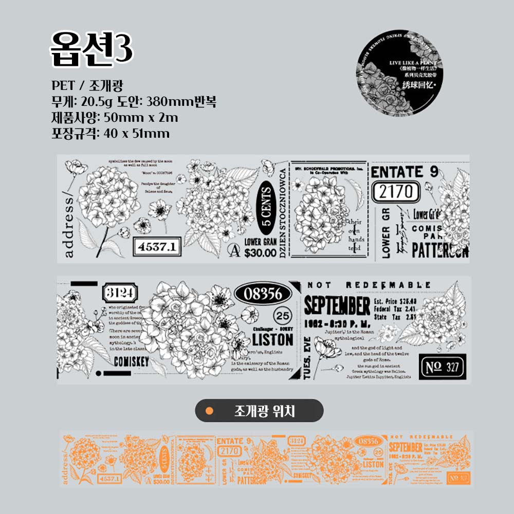흑백 플라워 레터링 레이어드 꽃과 식물 홀로그램 조개광 빈티지다꾸 PET 투명마스킹테이프 이미지 7