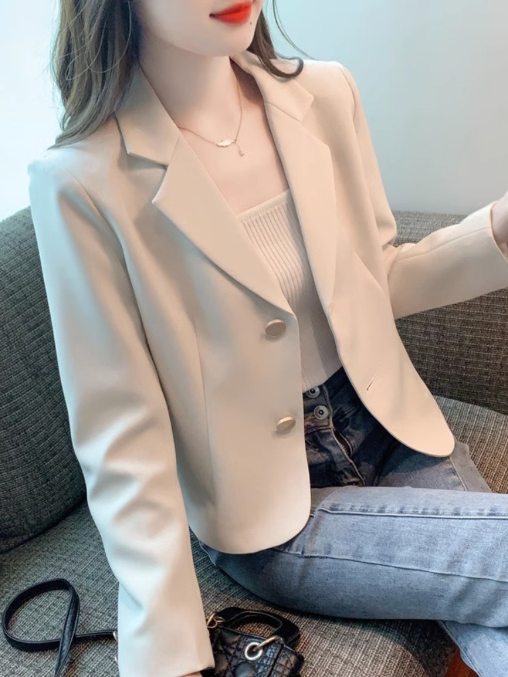 짧은 블레이저 자켓 아이보리 금장단추 출근 비즈니스 캐주얼 데일리 패션 - 상품 이미지