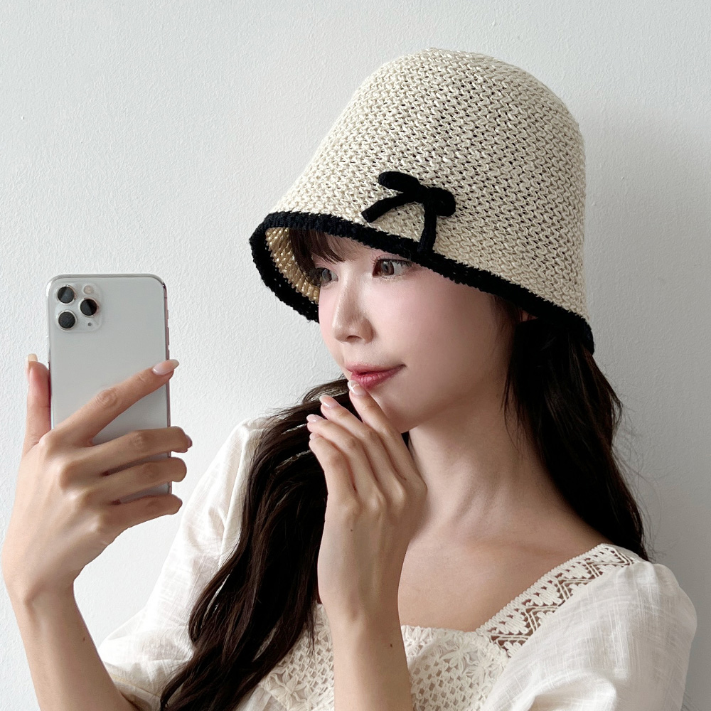 동대문모자 배색 리본 린넨 여름 여성 벙거지 플로피햇 - 상세 이미지 2