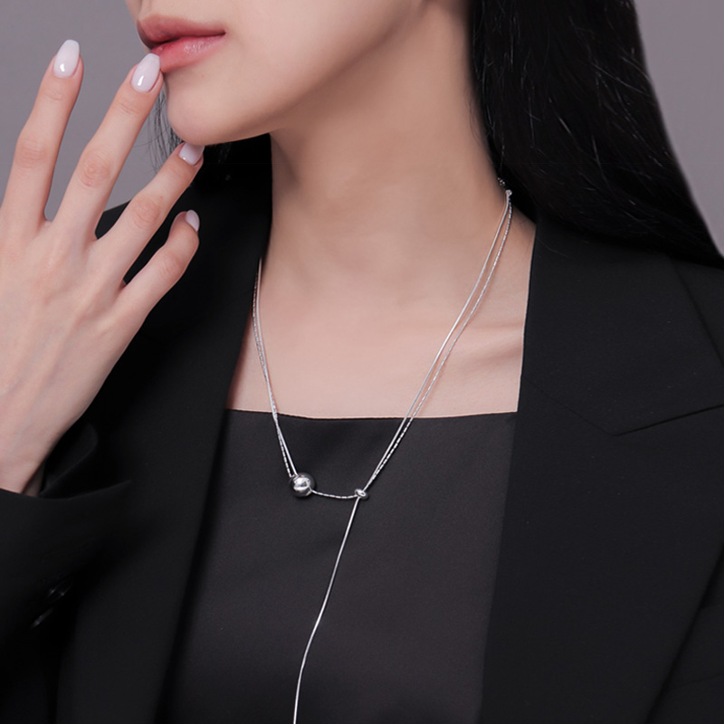 원형볼 써클 팬던트 드롭 슬림 체인 더블 라인 레이어드 슬라이딩 목걸이 [실버] N613 - 상세 이미지 3