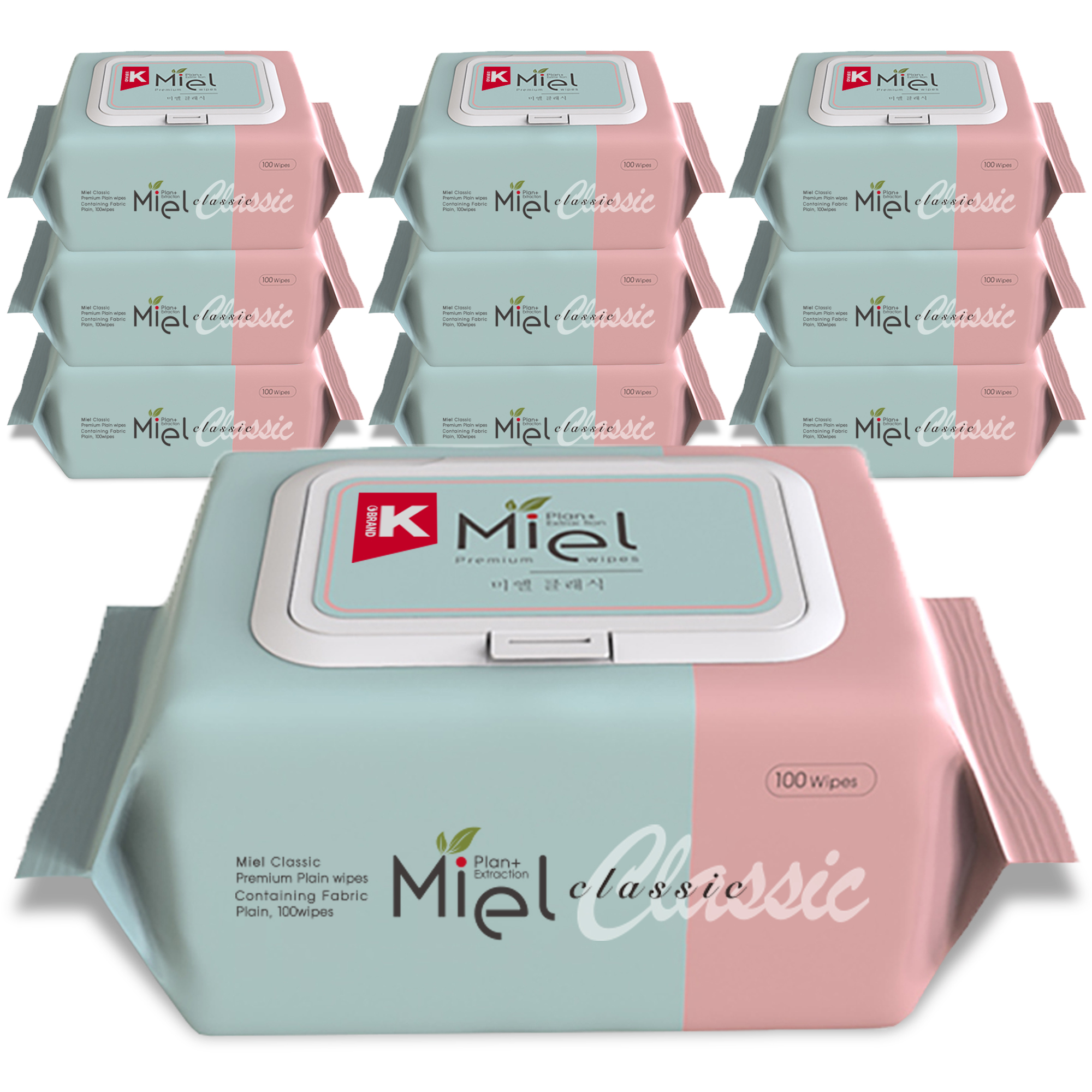 미엘 물티슈 클래식 캡형 100매 10팩 평량 50g 유아용 저자극 대용량 플레인