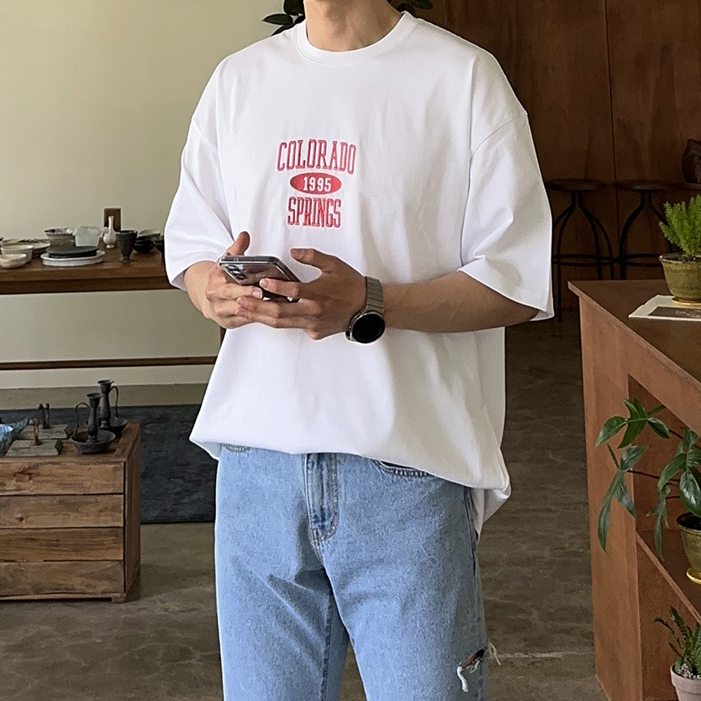 남자 오버핏 반팔티 빅사이즈 자수 커플 반팔티 - 상세 이미지 2