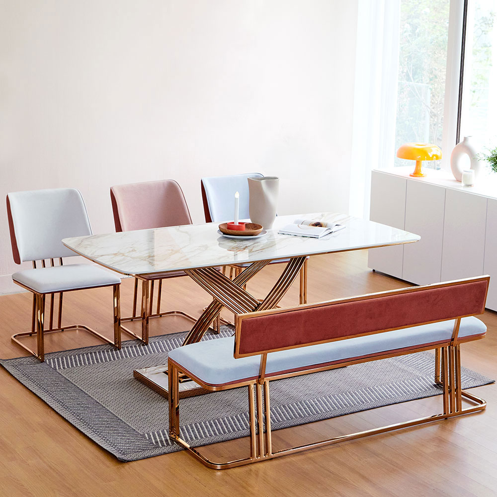 스코나 드하벤 아쿠아텍스 패브릭 골드 스텐 3인 등받이 벤치 의자