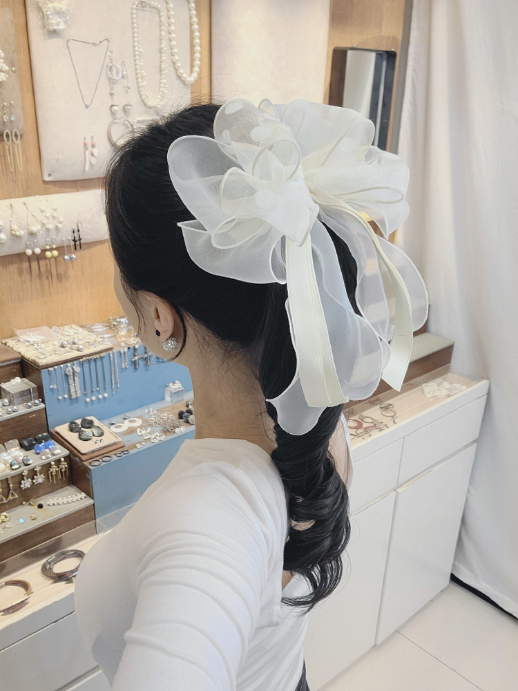 루루핀 밝은 시스루 베이스 위 아이보리 도트 꼬리 왕리본 올림머리 반머리 리본 헤어핀 - 상품 이미지