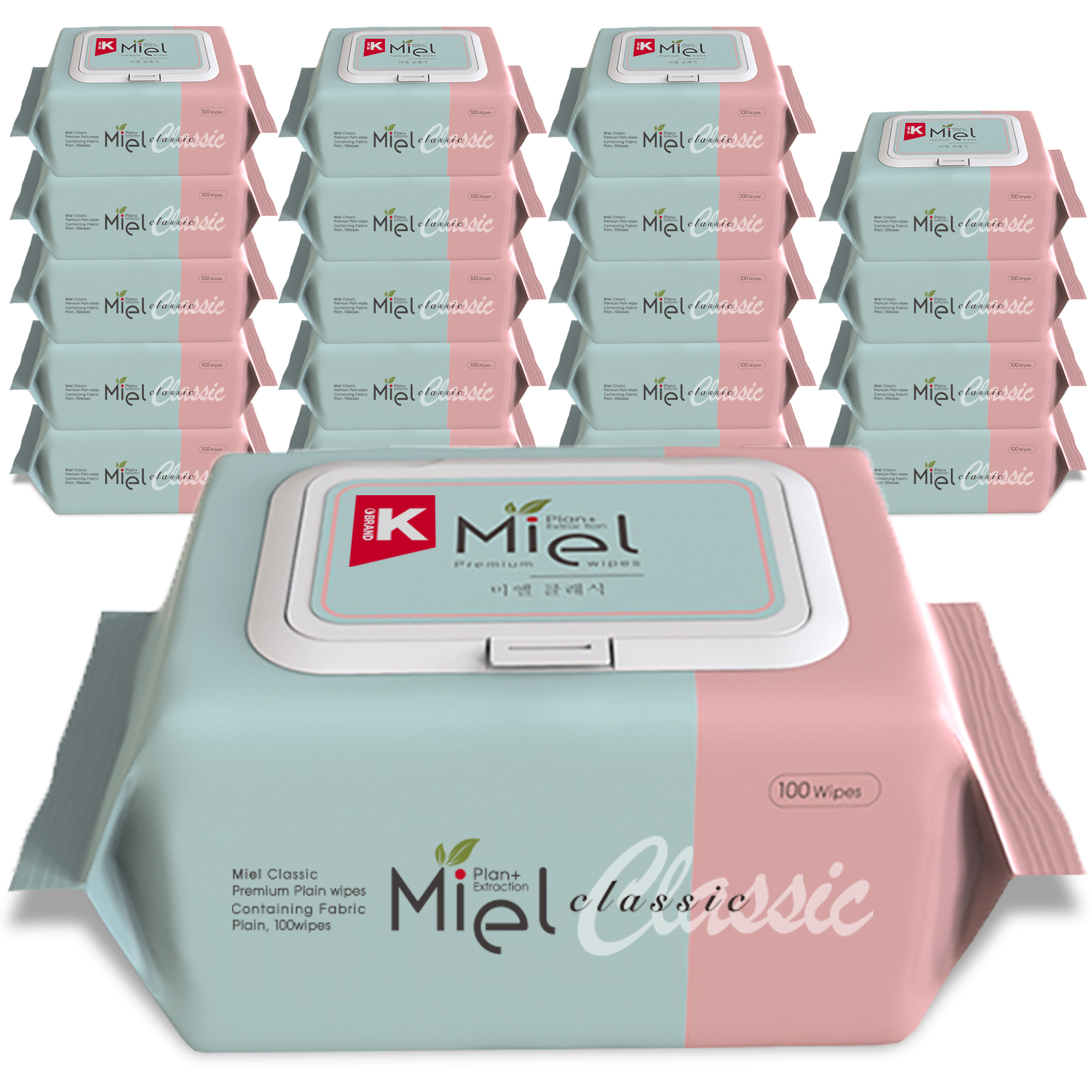 미엘 물티슈 클래식 캡형 100매 20팩 평량 50g 유아용 저자극 대용량 플레인